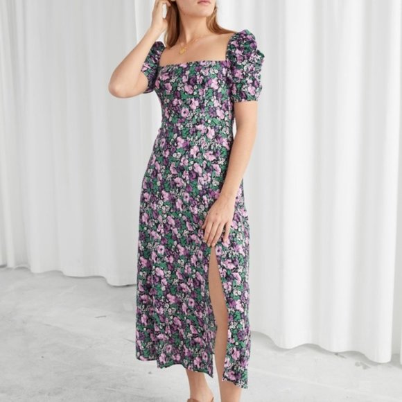 Puff Shoulder Crepe Midi Dress 